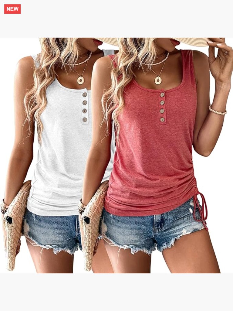 2 Pack Sleeveless Button Henley Tank Tops Summer Loose Fit Camis